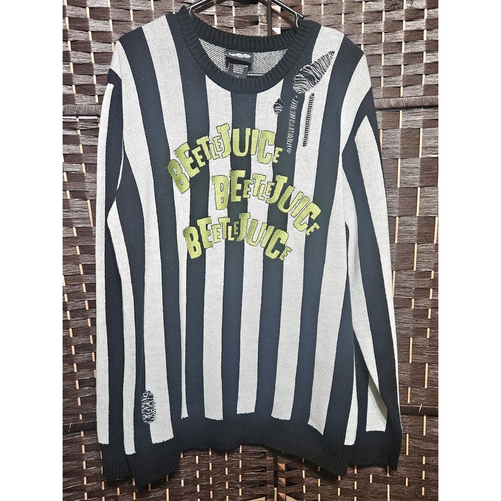 Beetlejuice Beetlejuice Black & White Stripe Destructed Sweater Mens NWOT Size L
